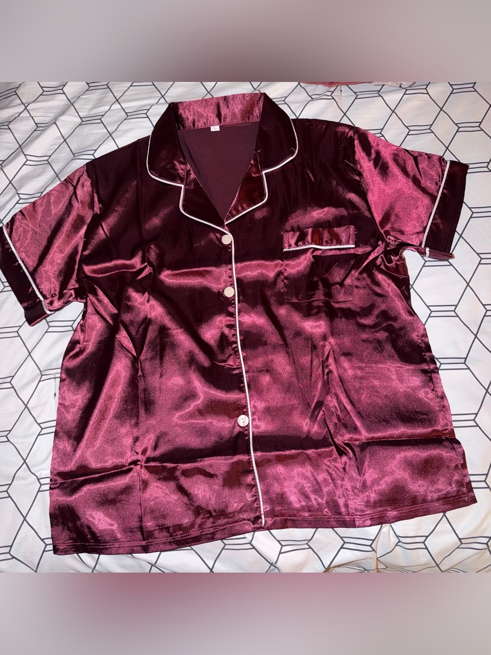 SHEIN Burgundy Satin Short Sleeve Pajama Top with White Piping
